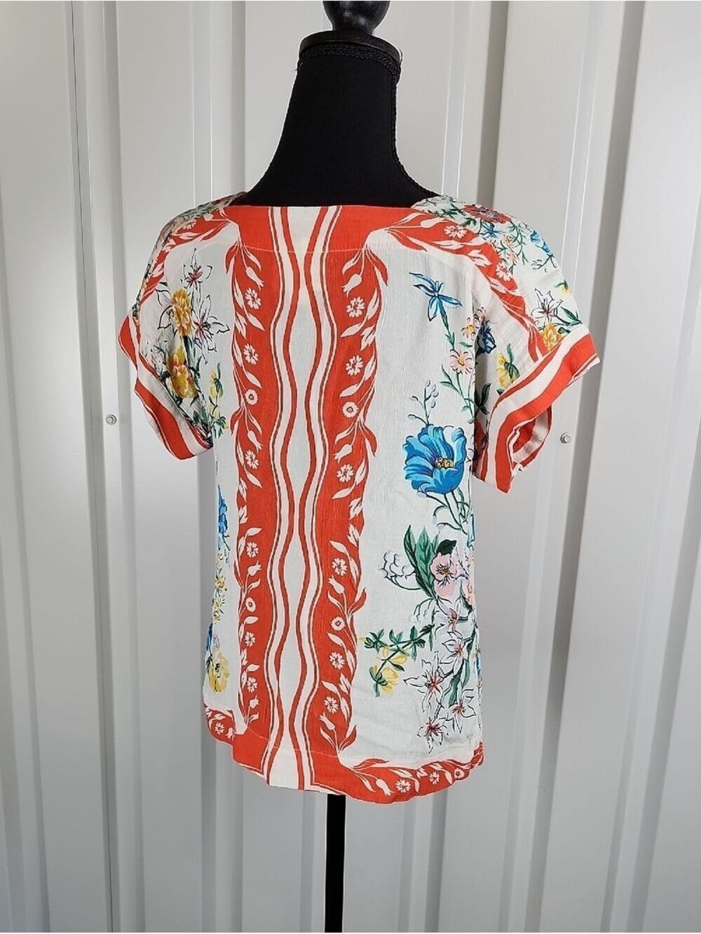Anthropologie Maeve Romina Scarf Print Floral Coral Short-Sleeve Top Size XS EUC - Picture 2 of 6